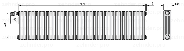 Схема (чертеж) Радиатор Zehnder Charleston 3057/35 №V012 Technoline TL